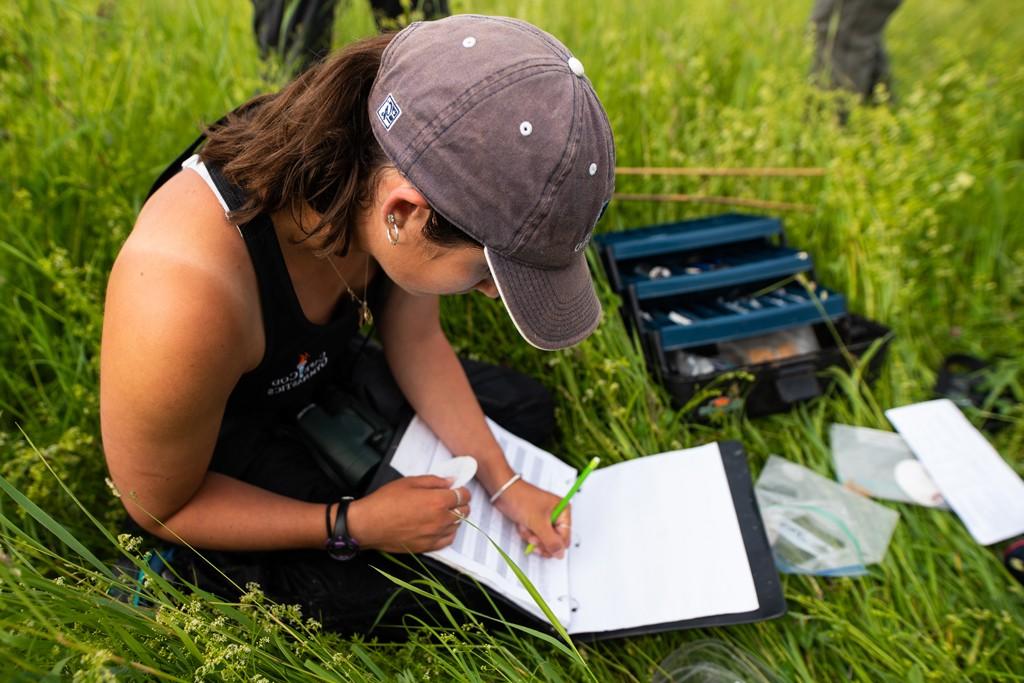 A U N E student takes notes while doing environmental field work