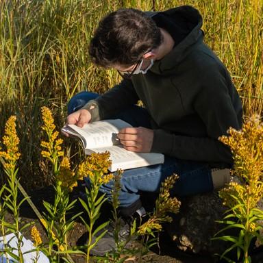 A U N E environmental studies student records data while sitting in a field