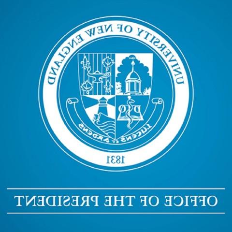 A white graphic with the UNE official seal and text saying "总统办公室" over a blue background